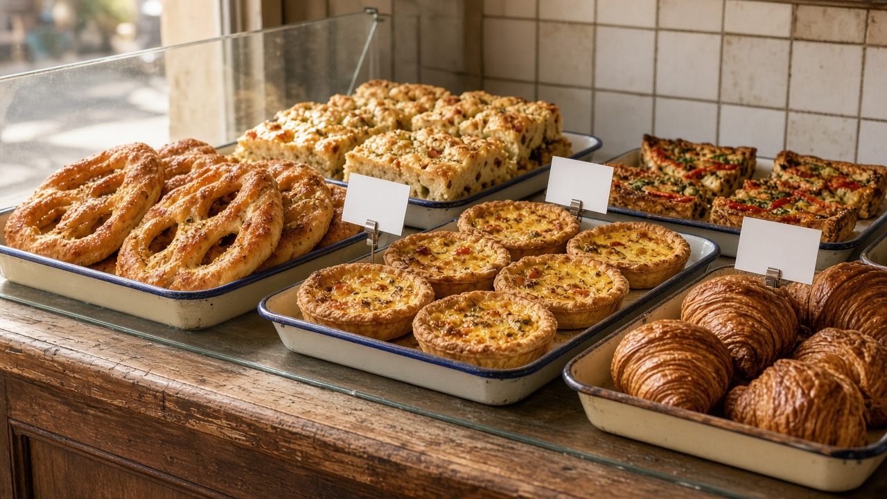 Plateaux de fougasses, tartes salées et viennoiseries derrière la vitre