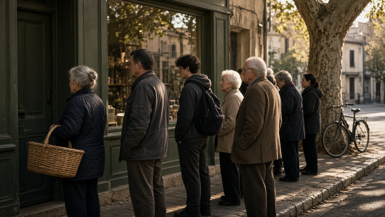 File de clients sur le trottoir devant la boulangerie, tôt le matin