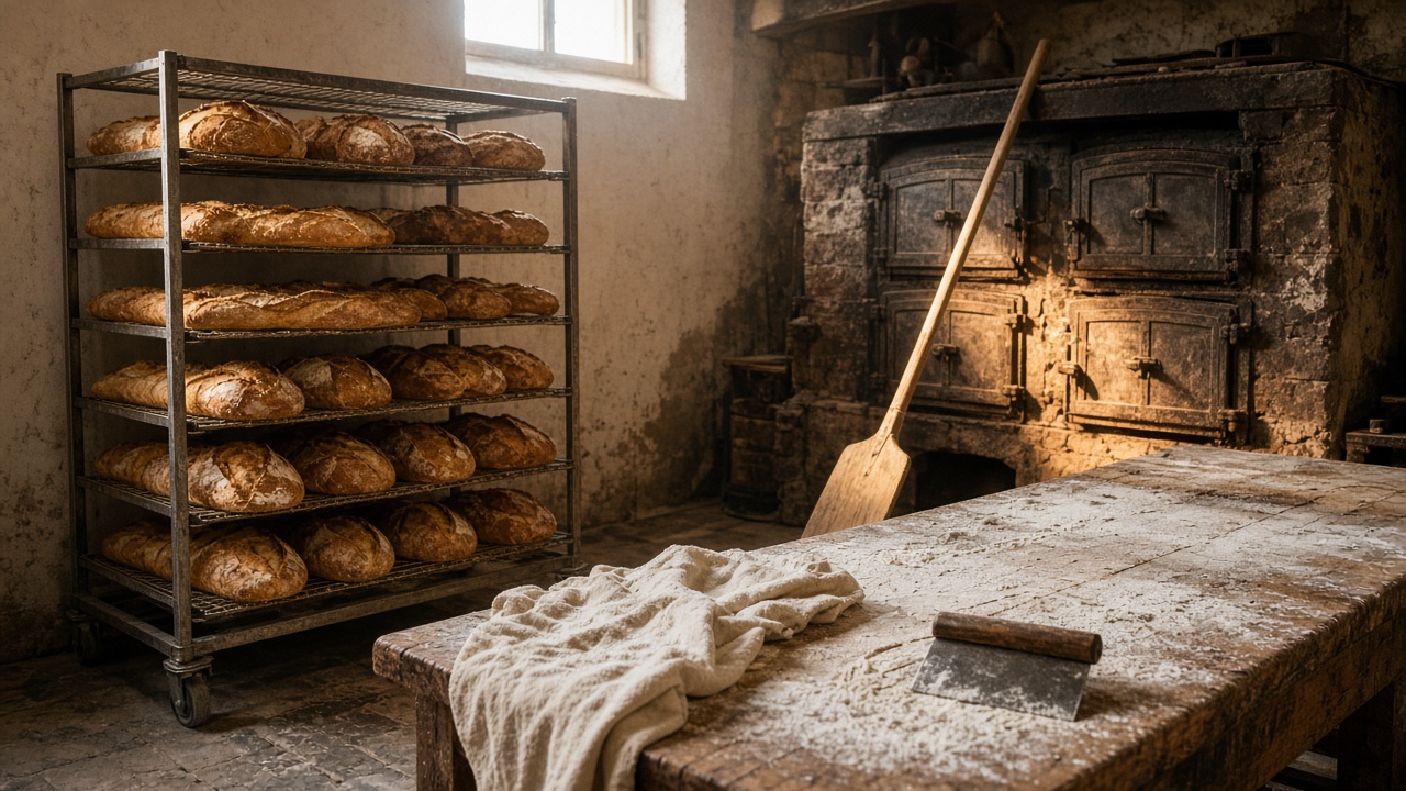 Baguettes et miches refroidissant sur une échelle devant le four